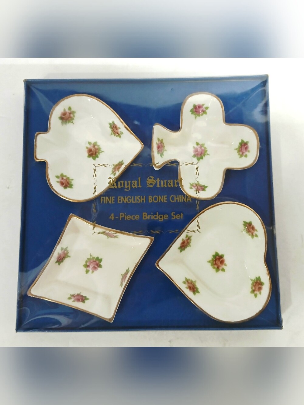 Vintage Fine English Bone China 4-Piece Bridge Set - White with Pink Floral